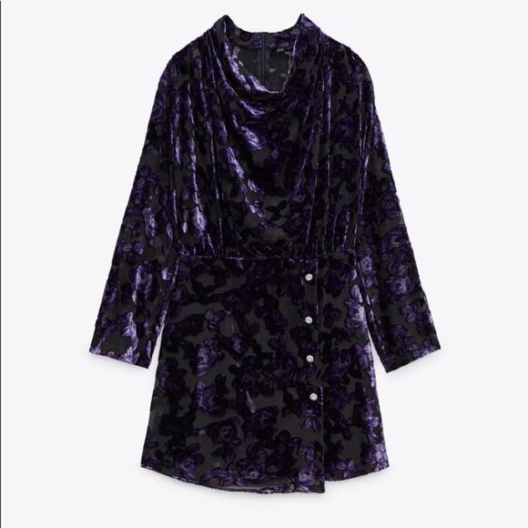 ZARA BLOGGER FAVORITE VELVET TRIM DRESS PURPLE - Picture 10 of 14